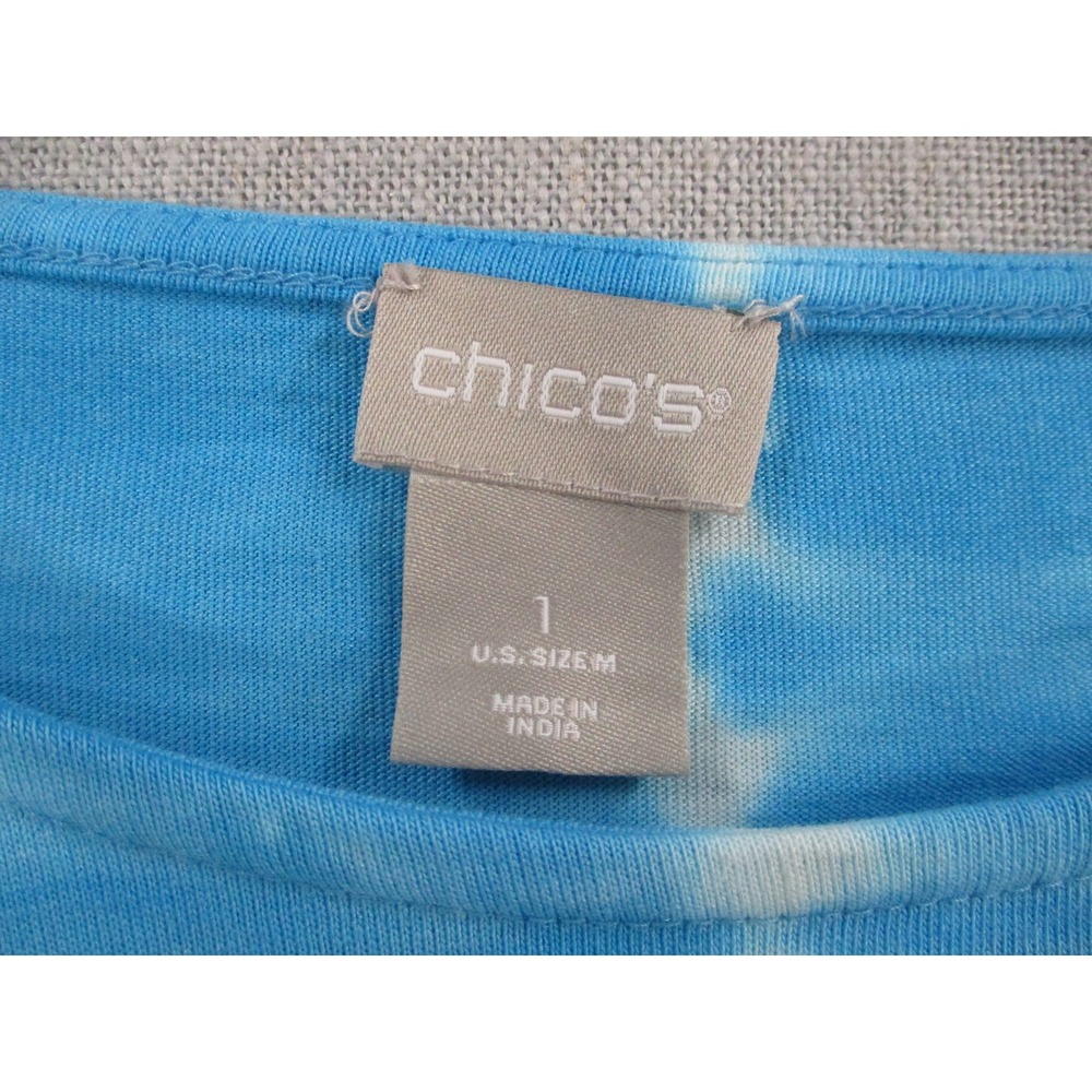 Chicos Blue White Tie Dye Side Tie Top Womens Size 1 Medium Long Sleeve Cotton - Picture 2 of 7